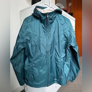 Eddie Bauer weather edge packable rain jacket. Women’s size large, color teal.
